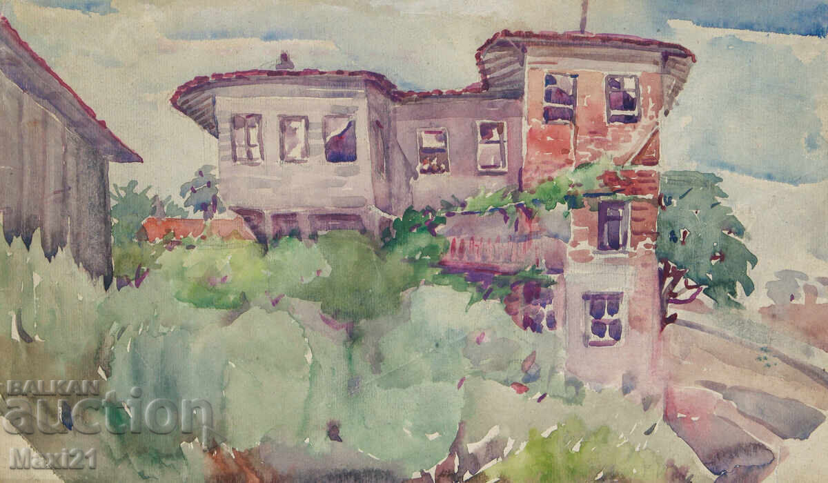 Δημοπρασία Παλιά αστικό τοπίο ζωγραφικής με ακουαρέλα