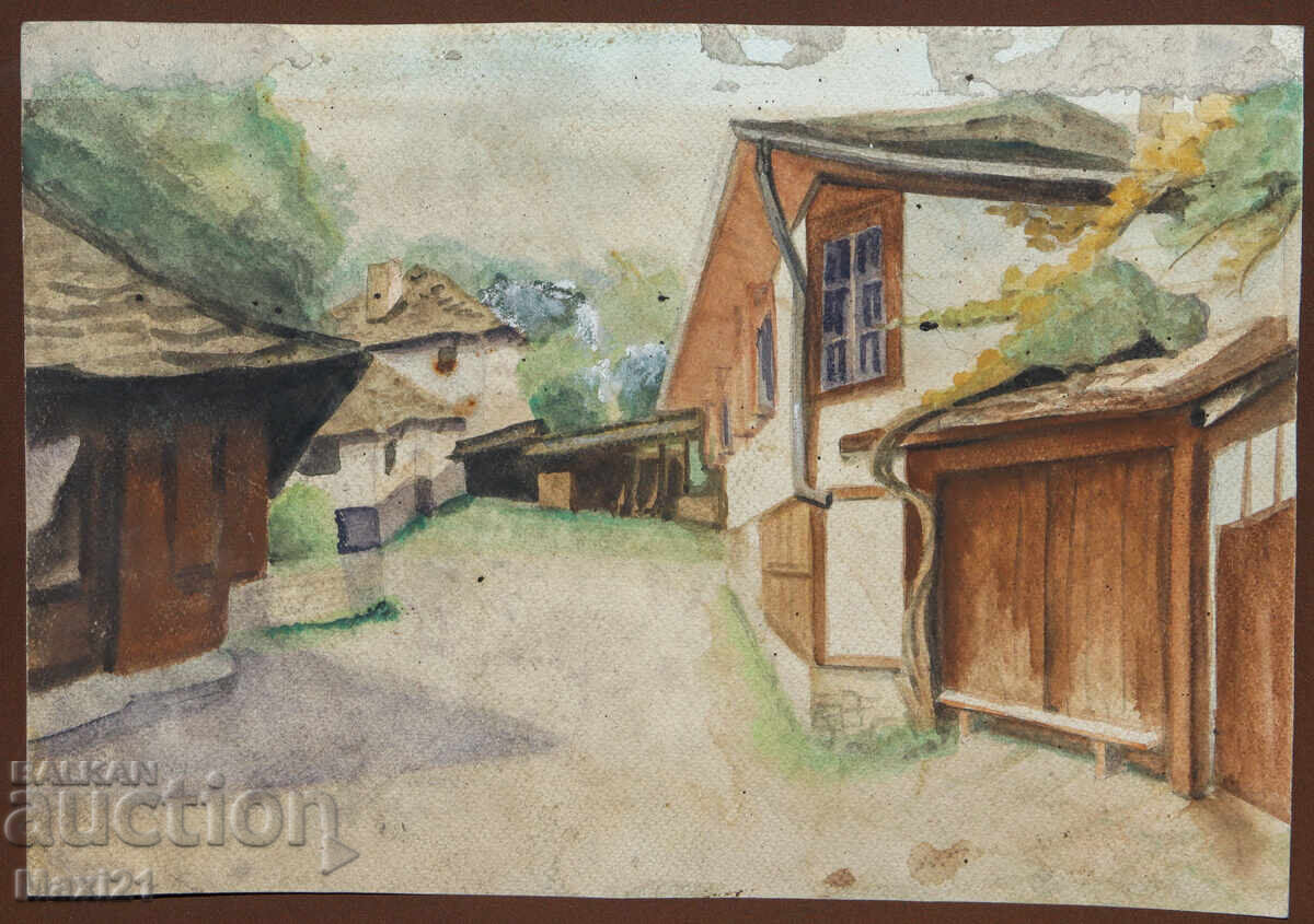 Old watercolor painting, rural landscape with price 140.00 BGN | € 71.58