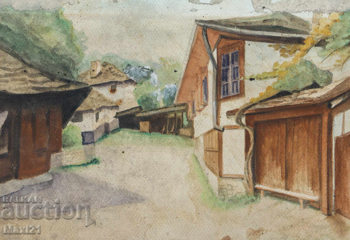 Auction  Old watercolor painting, rural landscape