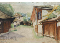 Παλιός πίνακας ακουαρέλας αγροτικού τοπίου