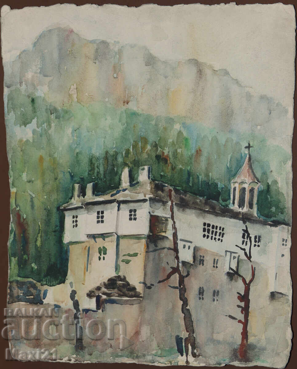 Παλιός πίνακας ακουαρέλα τοπίο μοναστήρι με τιμή 150.00 BGN | € 76.69