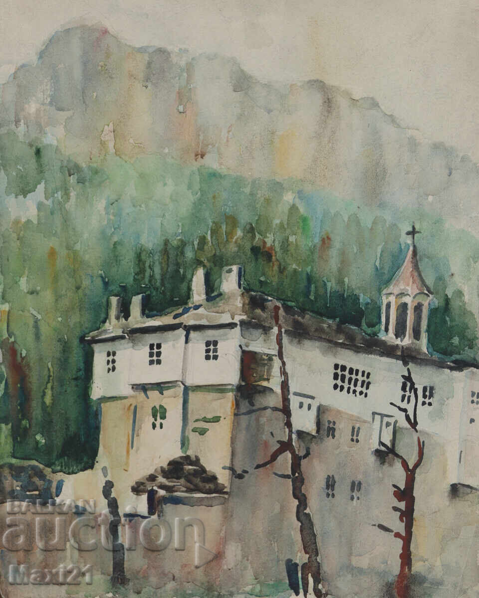 Δημοπρασία Παλιός πίνακας ακουαρέλα τοπίο μοναστήρι