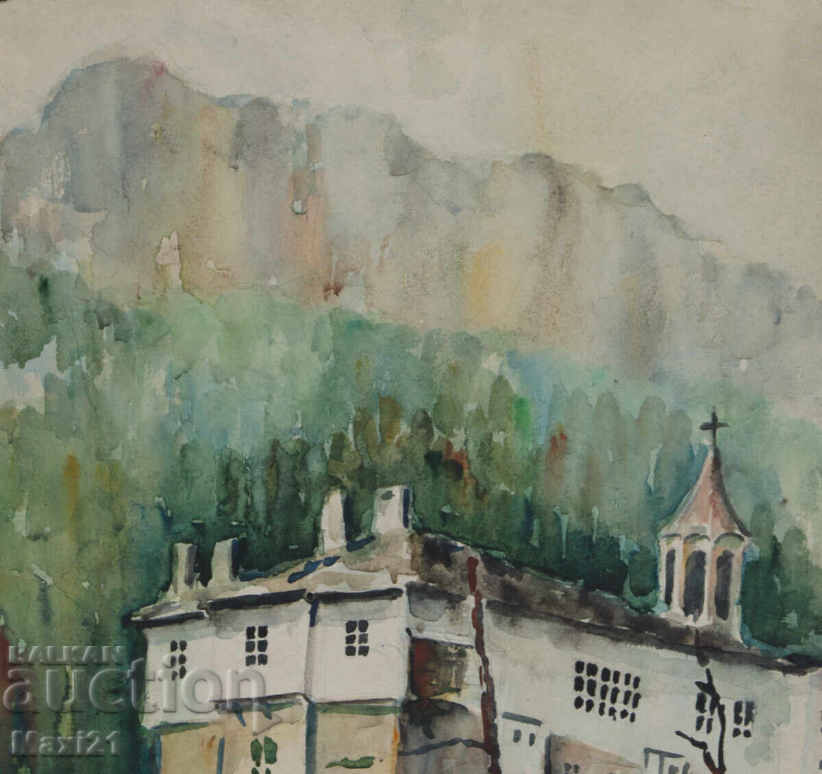 Παράδοση Παλιός πίνακας ακουαρέλα τοπίο μοναστήρι