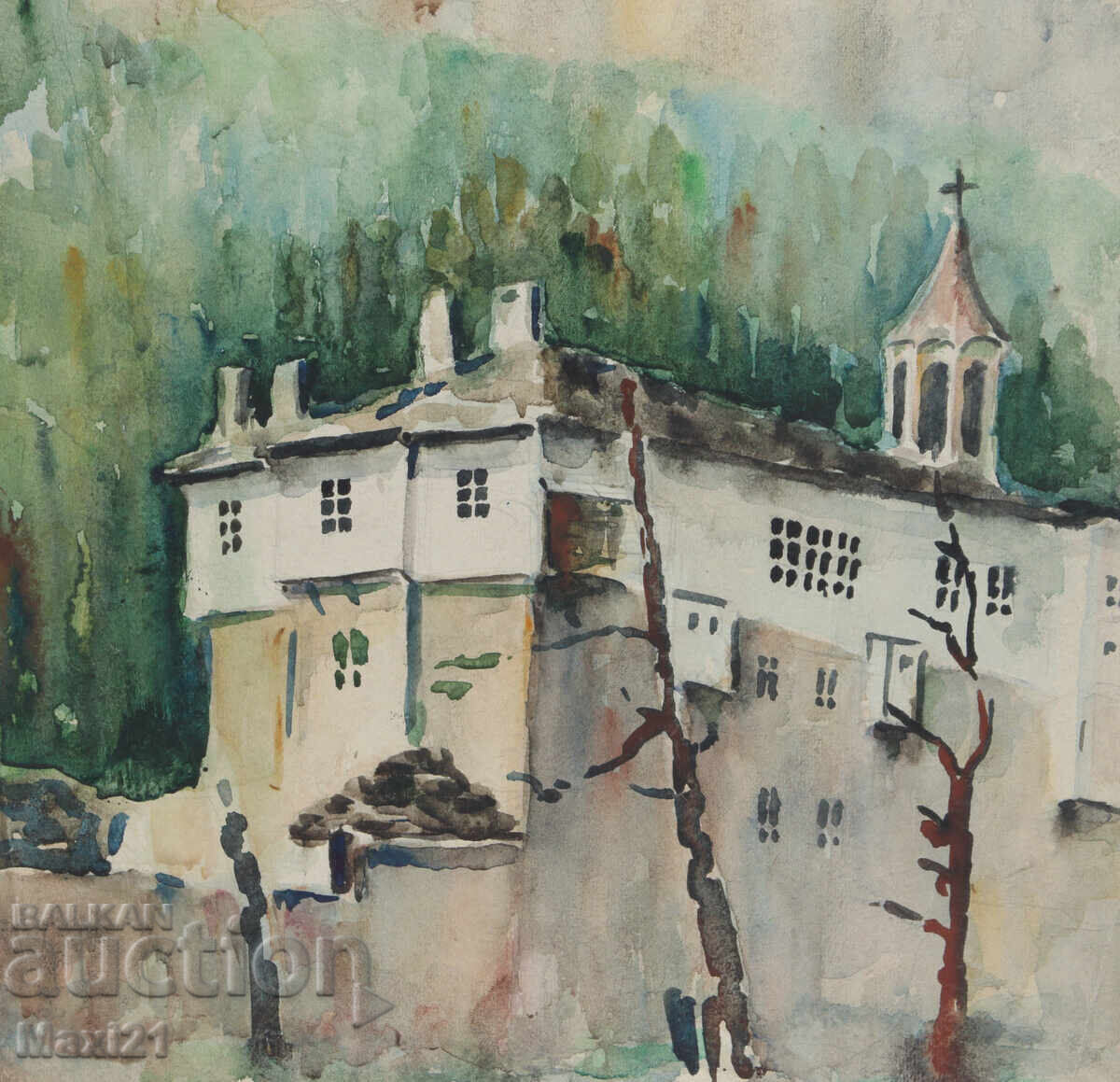 Παλιός πίνακας ακουαρέλα τοπίο μοναστήρι - 5