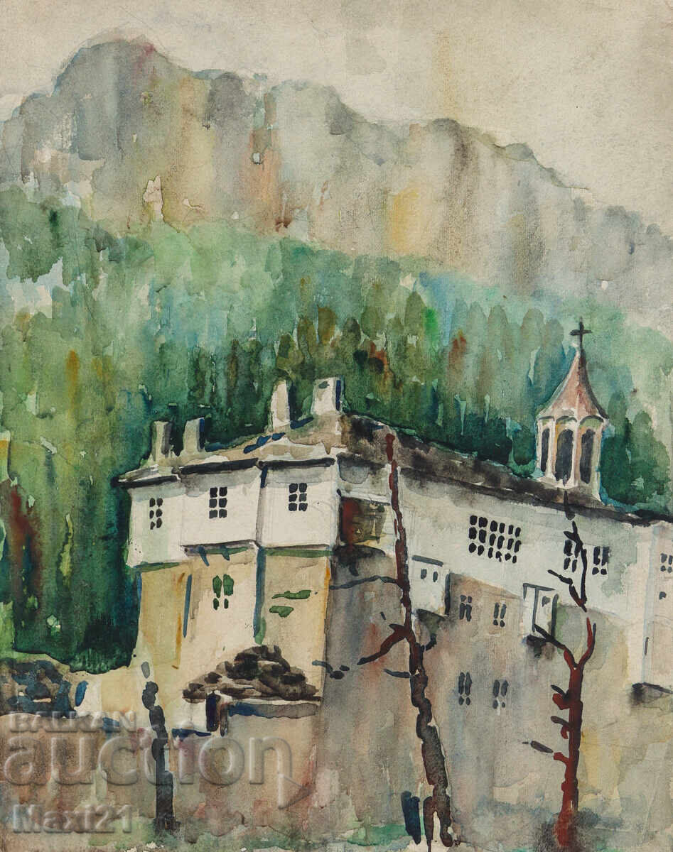 Παλιός πίνακας ακουαρέλα τοπίο μοναστήρι