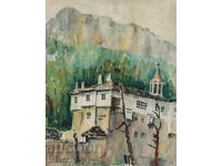 Стара картина акварел пейзаж манастир