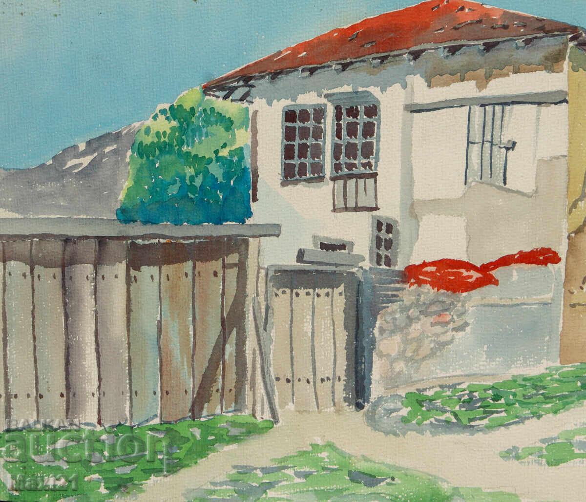 Δημοπρασία Ακουαρέλα τοπίο σπίτι