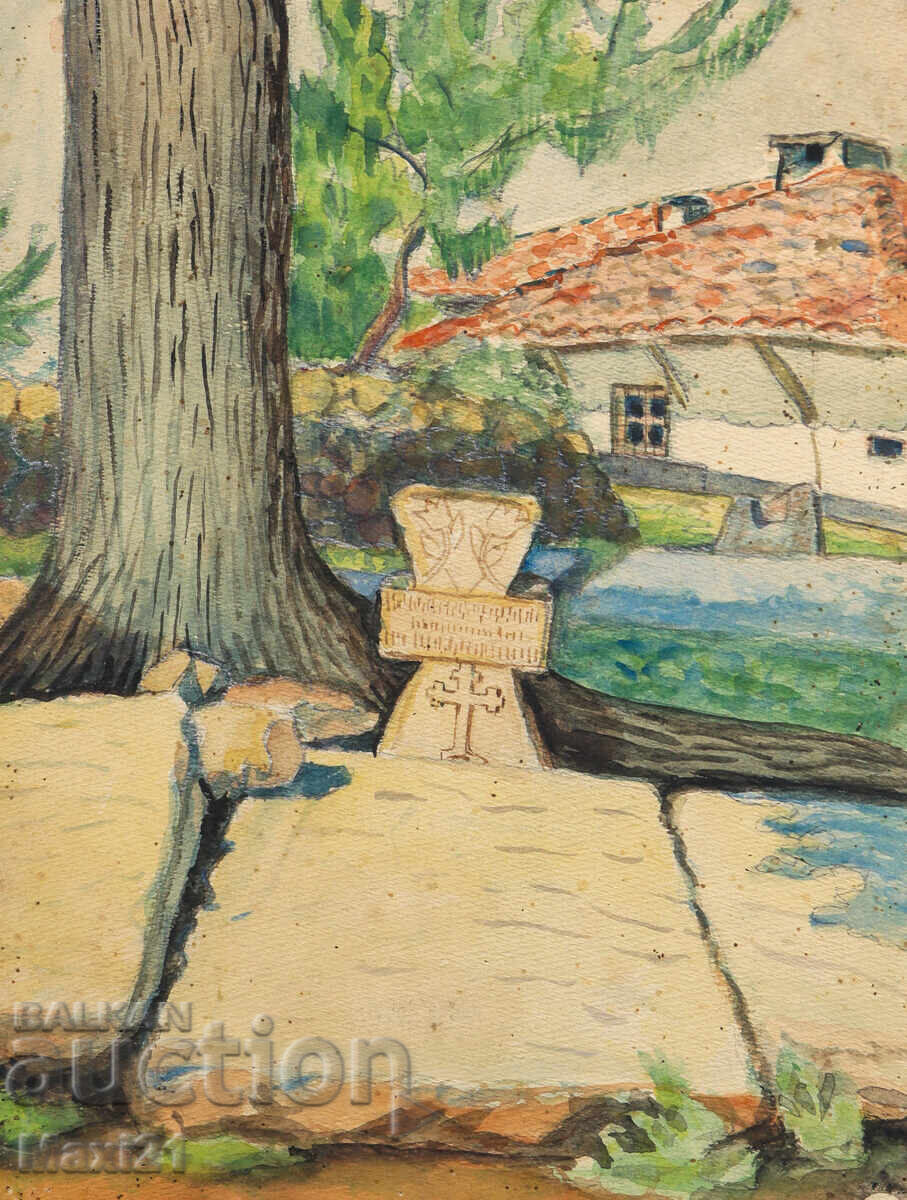 Δημοπρασία Ακουαρέλα τοπίο με τάφο