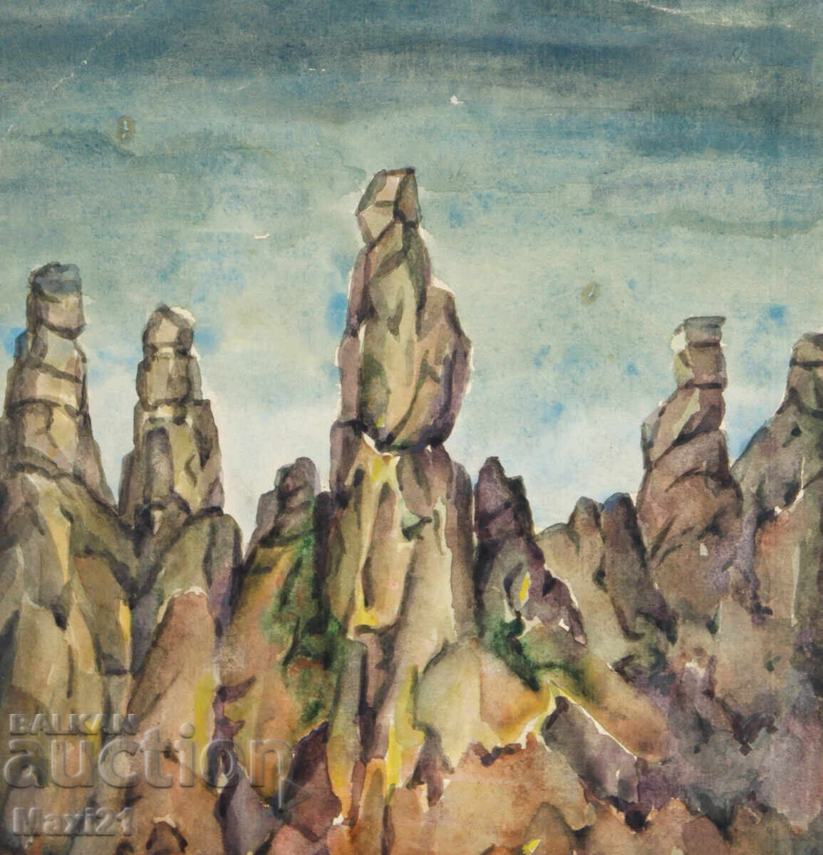 Δημοπρασία Ακουαρέλα τοπίο με βράχους