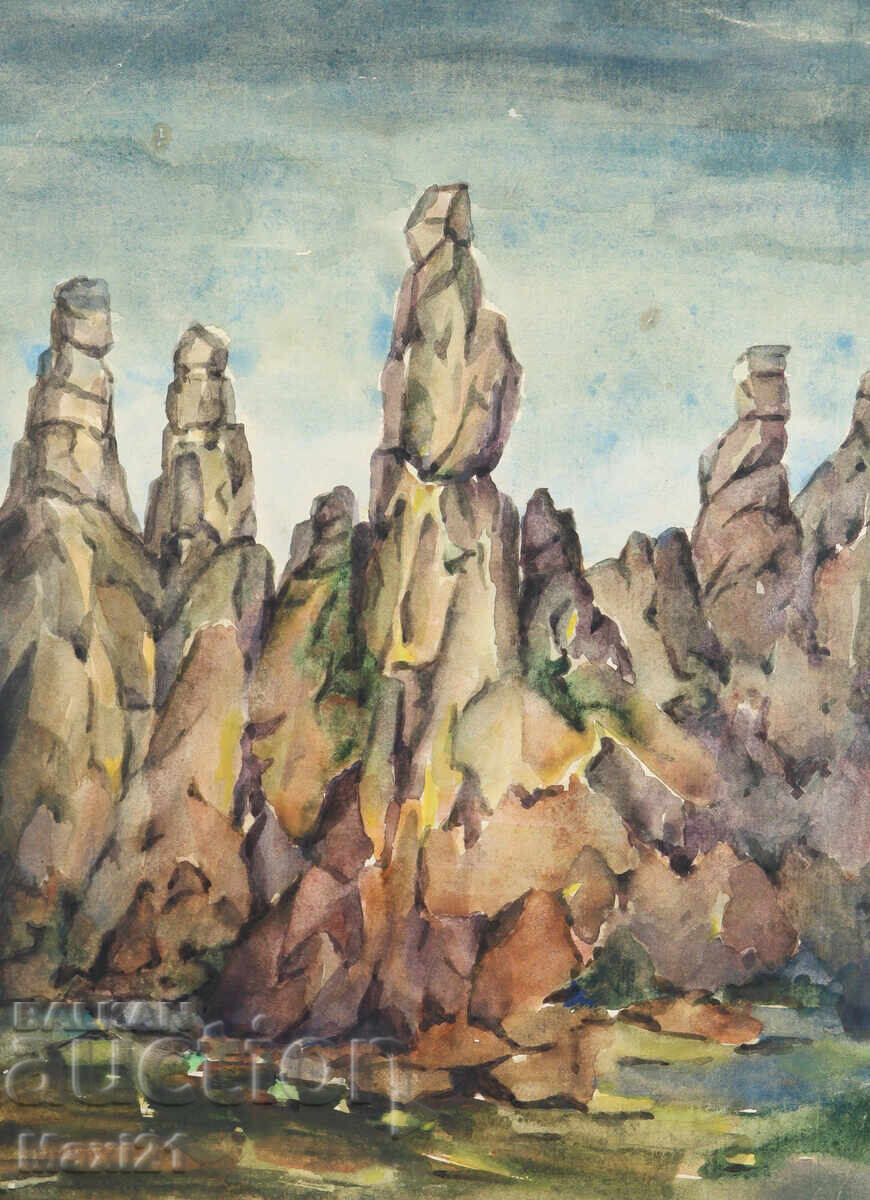 Ακουαρέλα τοπίο με βράχους