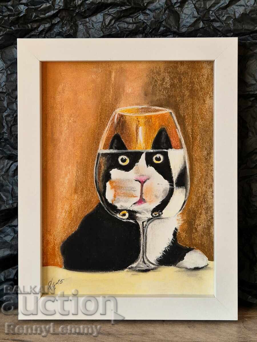 Pisică amuzantă, pictură pastel Pisică amuzantă, pictură pastel