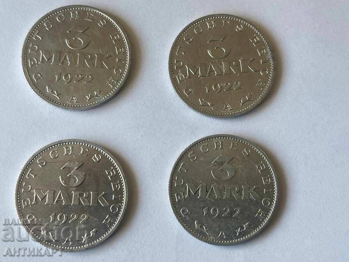 Germany 4 pieces of 3 mark coins 1922 aluminum Germany 4 pieces of 3 mark coins 1922 aluminum
