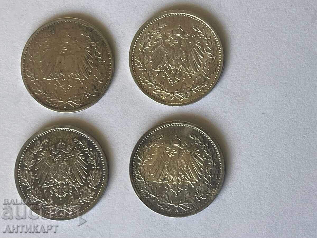 Germany 4 pieces silver coin 1/2 mark 1907,11,15,18 with price 44.00 BGN | € 22.50 Germany 4 pieces silver coin 1/2 mark 1907,11,15,18 with price 44.00 BGN | € 22.50
