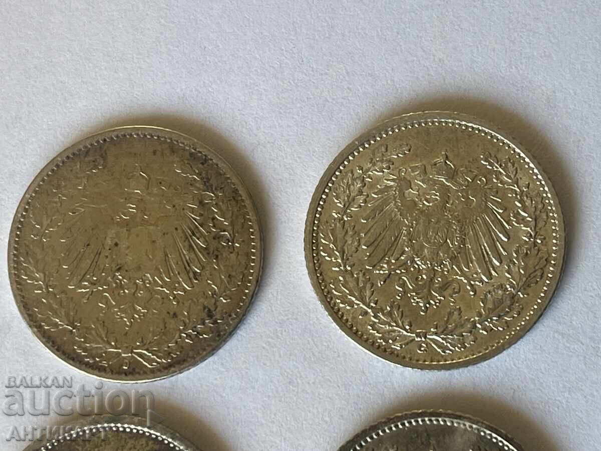 Auction Germany 4 pieces silver coin 1/2 mark 1907,11,15,18 Auction Germany 4 pieces silver coin 1/2 mark 1907,11,15,18
