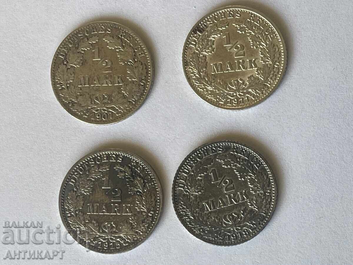 Germany 4 pieces silver coin 1/2 mark 1907,11,15,18 Germany 4 pieces silver coin 1/2 mark 1907,11,15,18