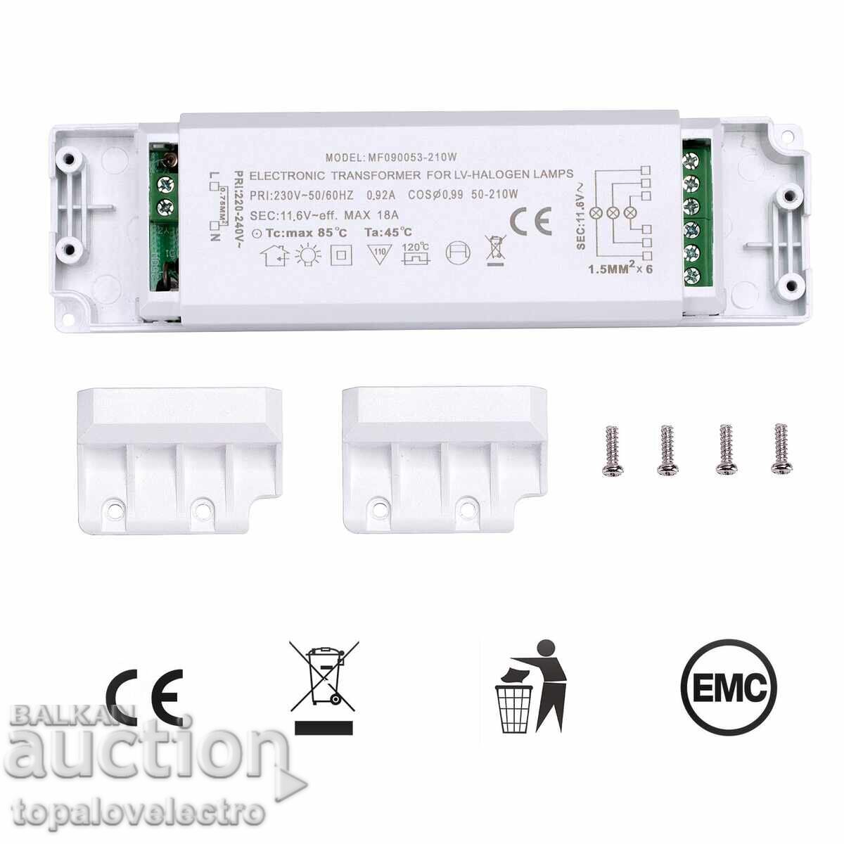 Μετασχηματιστής 220V σε 12V, 50–210W με πλήρη προστασία για αλογόνα με τιμή 19.00 BGN | € 9.71