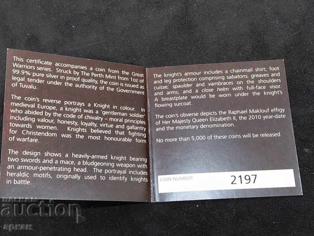 1 oz сребърна унция 0.999 % 1 $ 2010 Tuvalu Knight - 6