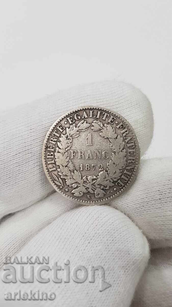 Rare silver coin 1 franc 1872 France with price 23.00 BGN | € 11.76
