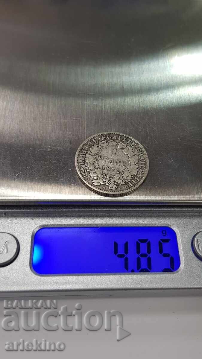 Rare silver coin 1 franc 1872 France - 5