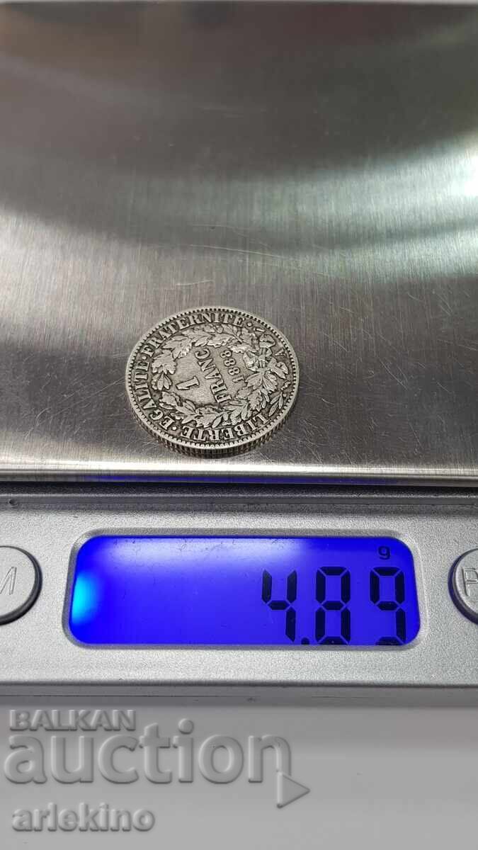 Rare silver coin 1 franc 1888 France - 6