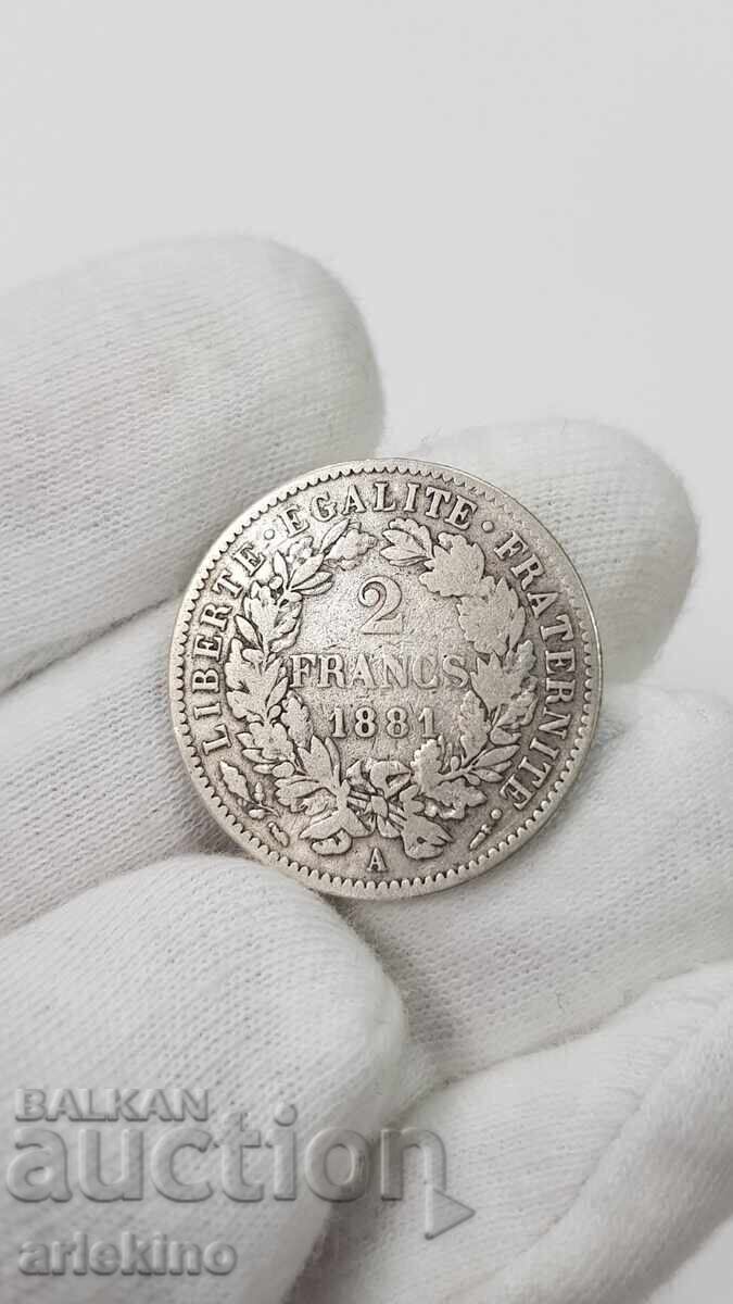 Srebŭroς σπάνιο νόμισμα 2 φράγκων 1881 Γαλλία με τιμή 45.00 BGN | € 23.01