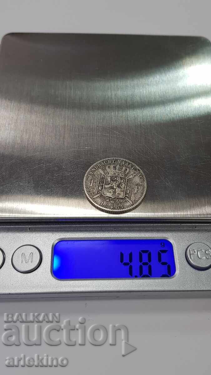 Rare Silver Coin 1 Franc 1887 Belgium - 5 Rare Silver Coin 1 Franc 1887 Belgium - 5