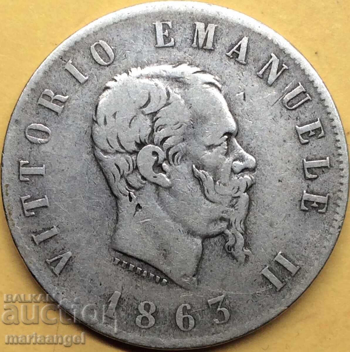 Italy 2 Lire 1863 T - Turin "DIGIT" DIGIT BN-Birmingham RARE with price 98.00 BGN | € 50.11