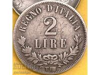 Italia 2 lire 1863 T - Torino "CIFRĂ" DIGIT BN-Birmingham RARE