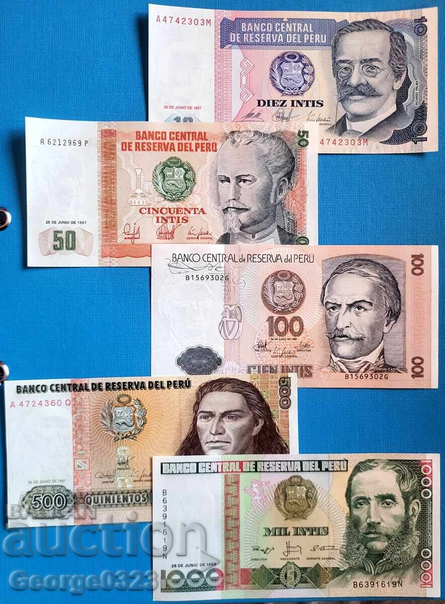 Peru 5 piece set 1987 1988 10 50 100 500 1000 Intis UNC New