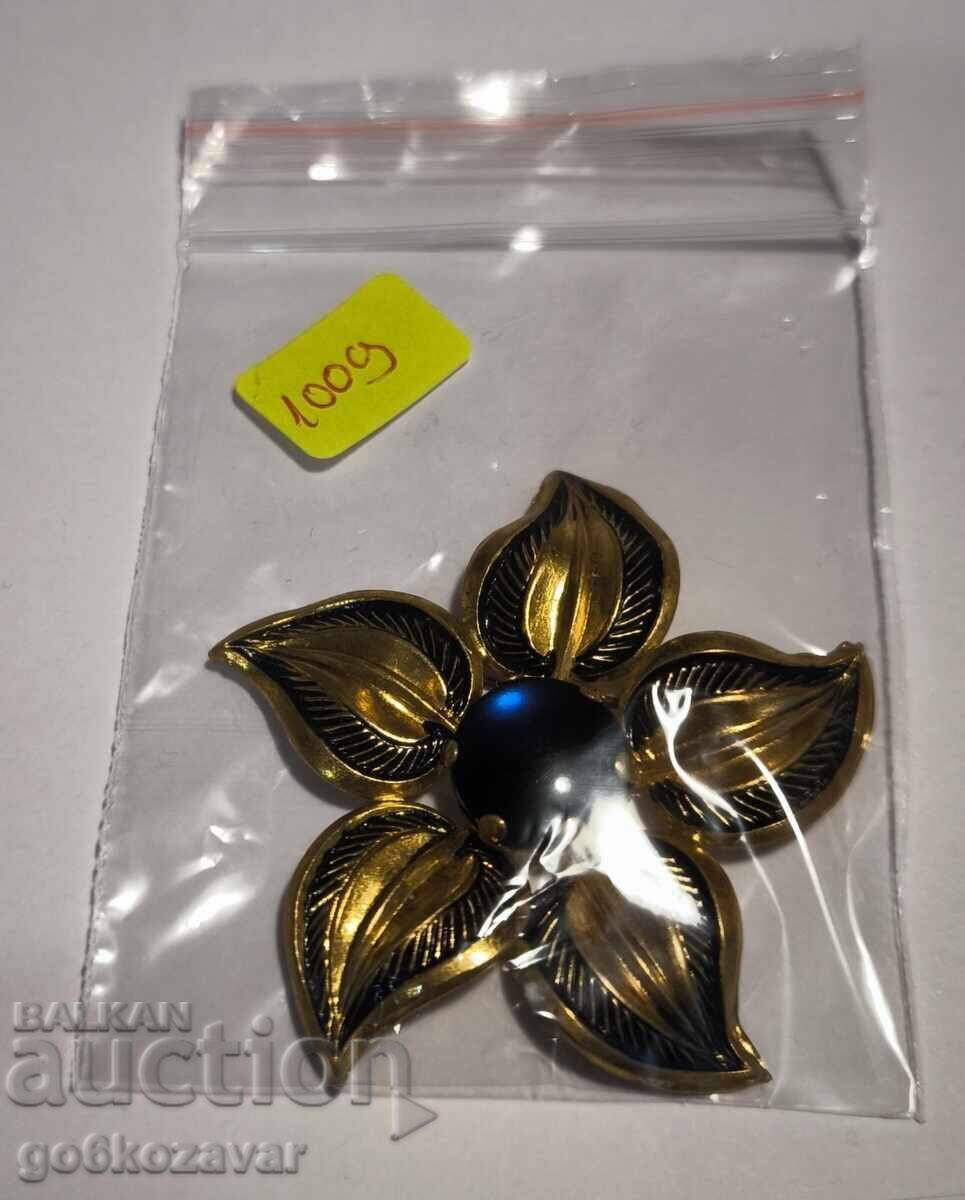 Винтидж брошка с цвете, позлатен метал,естествен камък 70те - 5