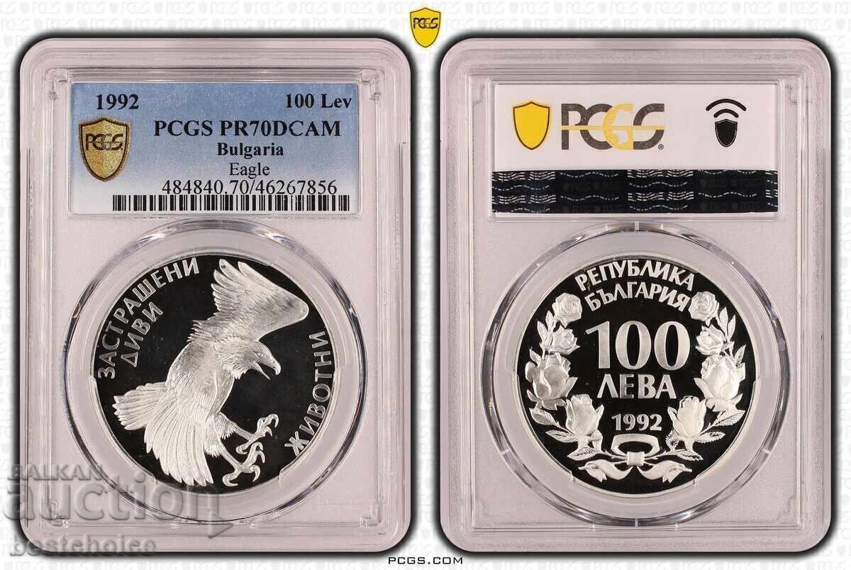 100 leva 1992, silver, PR70DCAM, GOLDEN EAGLE