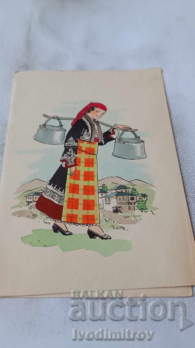 Greeting card Young woman with a seesaw with two cats Greeting card Young woman with a seesaw with two cats