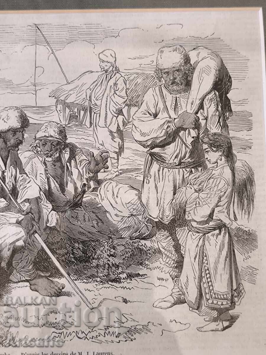 Bulgarians on the Danube shore - engraving, woodcut 1853 - 5