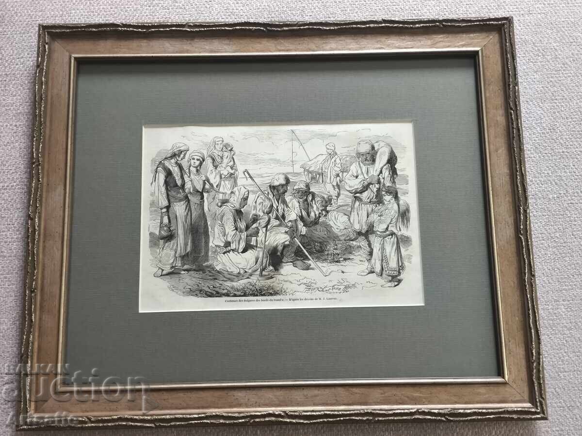 Bulgarians on the Danube shore - engraving, woodcut 1853