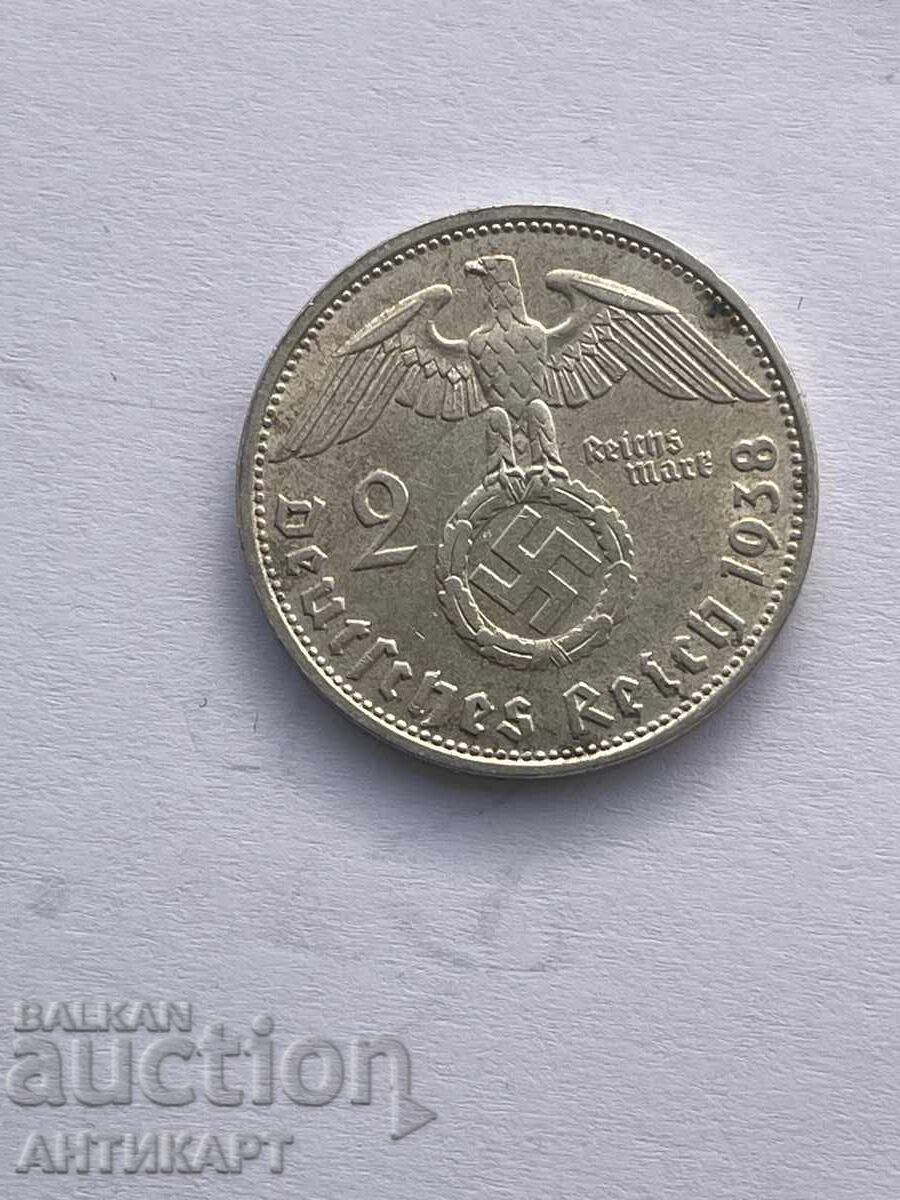 Germany Silver Coin 2 Marks Reichsmark Swastika 1938 D