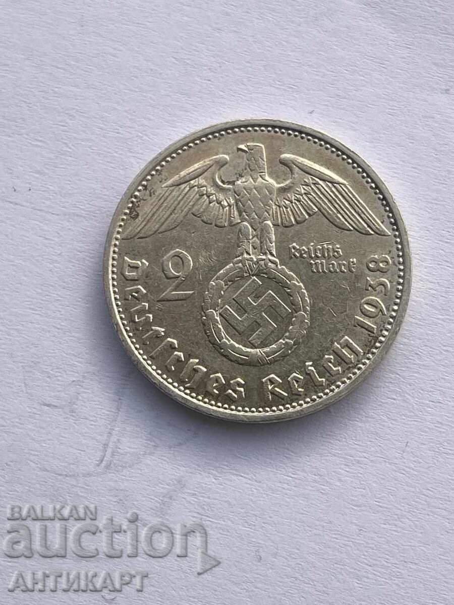 Germania monedă de argint 2 mărci reichsmark svastică 1938 G