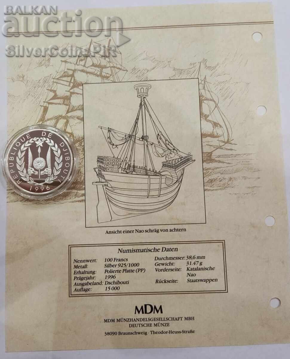 Auction Silver 100 Francs Ship 1996 Djibouti Auction Silver 100 Francs Ship 1996 Djibouti