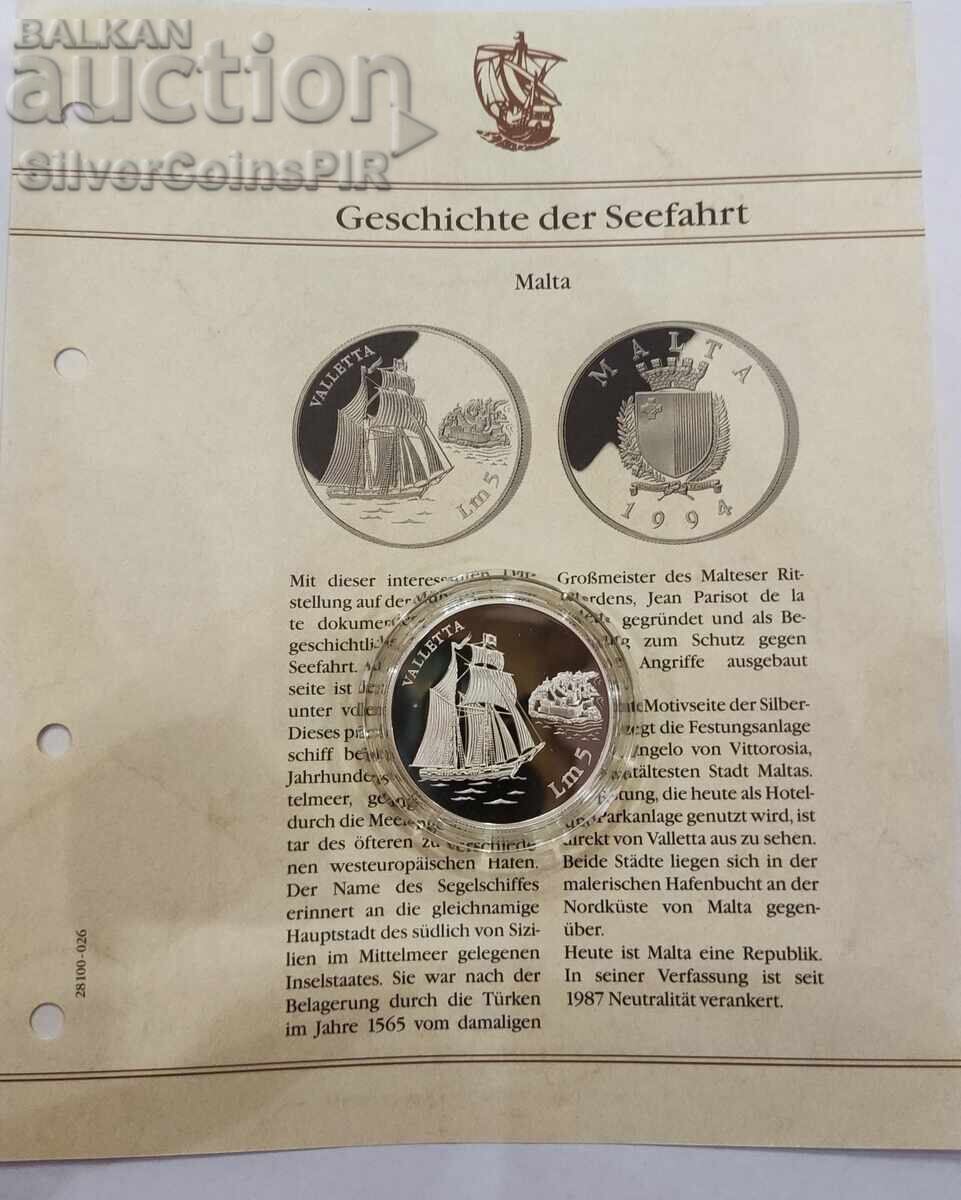 Παράδοση Ασημένιο 5 λίρες Κοράβι Βαλέτα 1994 Μάλτα Παράδοση Ασημένιο 5 λίρες Κοράβι Βαλέτα 1994 Μάλτα
