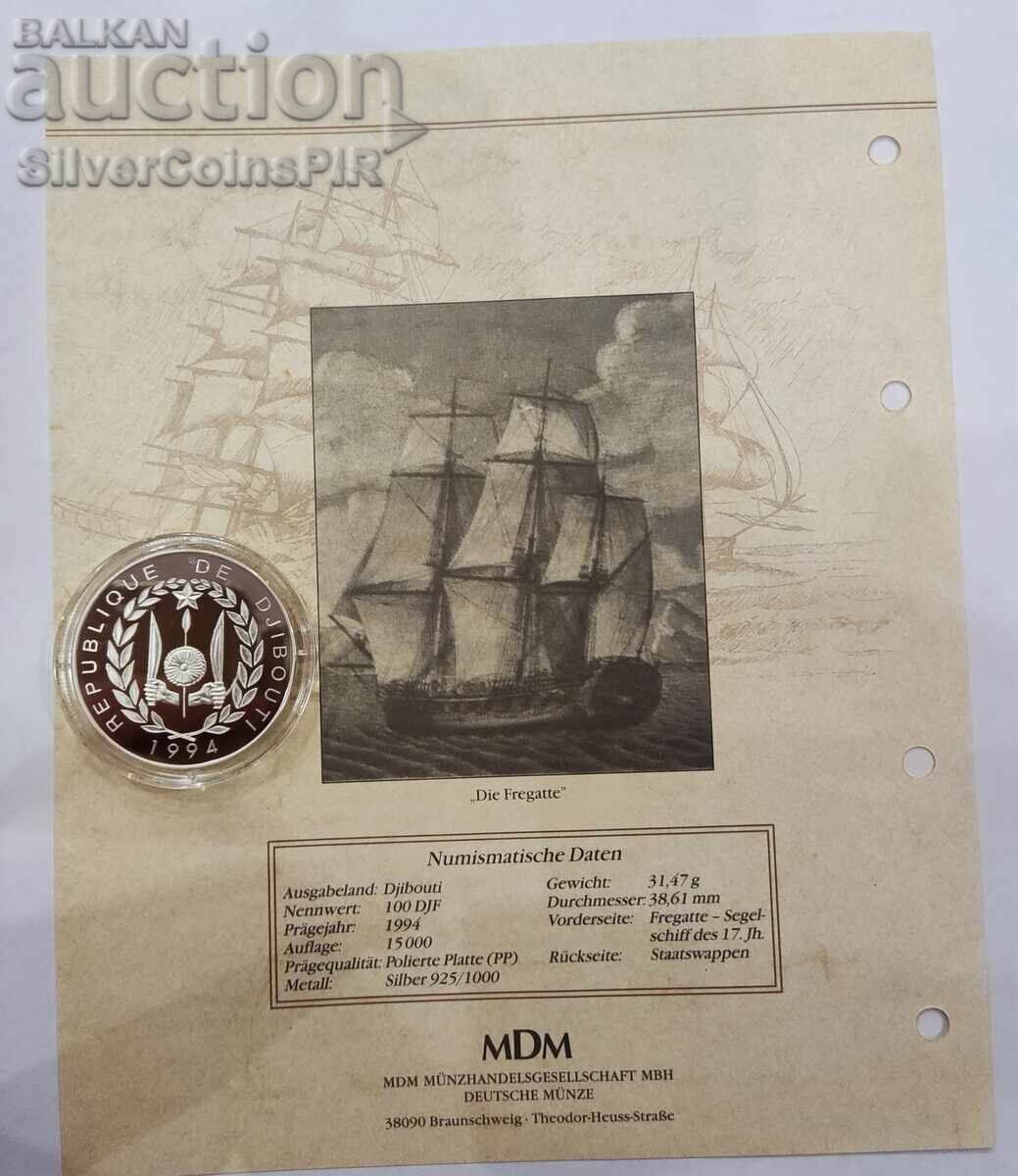 Auction Silver 100 Francs Ship 1994 Djibouti Auction Silver 100 Francs Ship 1994 Djibouti