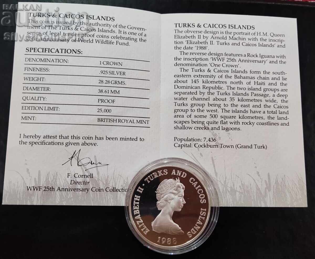 Auction Silver 1 Crown Iguana 1988 Turks and Caicos Endangered Animals Auction Silver 1 Crown Iguana 1988 Turks and Caicos Endangered Animals