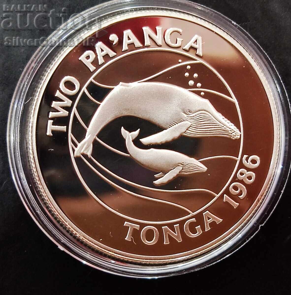 Silver 2 Pa'anga Whales 1986 Tonga Endangered Animals Silver 2 Pa'anga Whales 1986 Tonga Endangered Animals