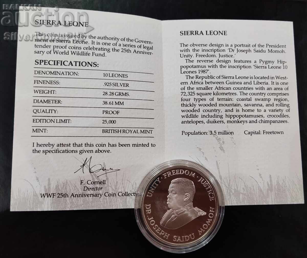 Delivery of Silver 10 Leones Hippopotamus 1987 Sierra L. Endangered Animals Delivery of Silver 10 Leones Hippopotamus 1987 Sierra L. Endangered Animals