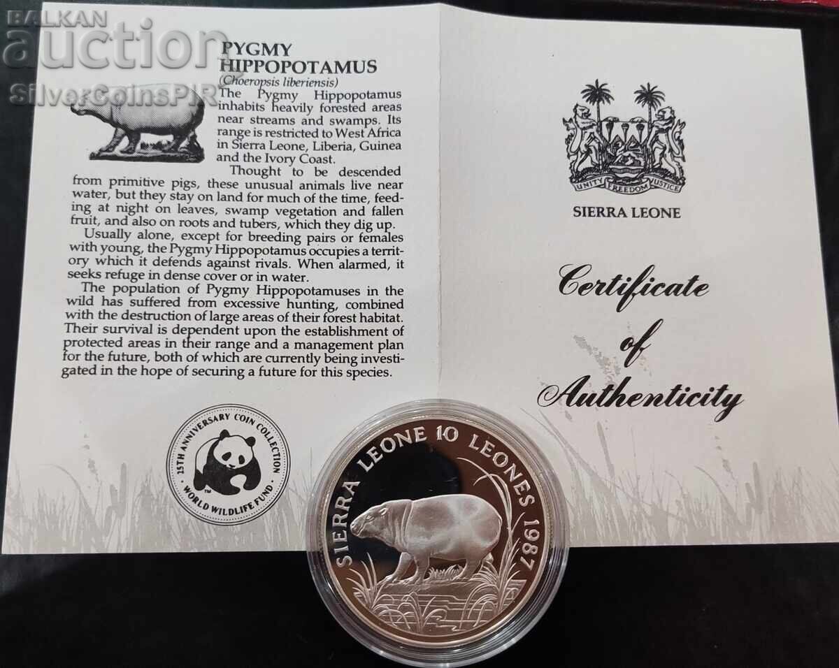 Silver 10 Leones Hippopotamus 1987 Sierra L. Endangered Animals - 5 Silver 10 Leones Hippopotamus 1987 Sierra L. Endangered Animals - 5