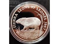 Silver 10 Leones Hippopotamus 1987 Sierra L. Endangered Animals