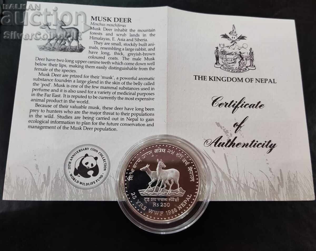 Silver 250 Rupees Wild Goats 1986 Nepal Endangered Animals - 5 Silver 250 Rupees Wild Goats 1986 Nepal Endangered Animals - 5