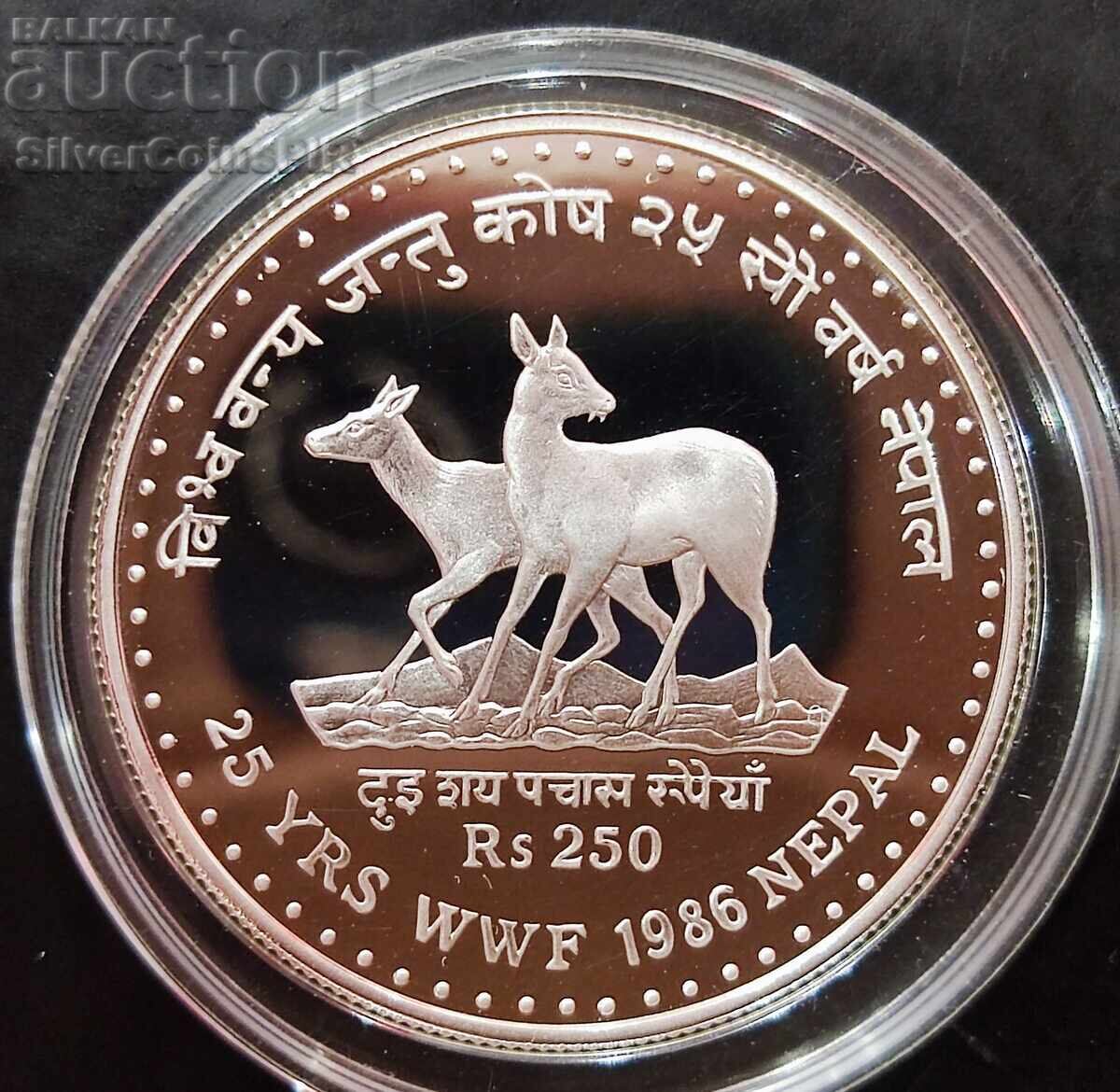 Silver 250 Rupees Wild Goats 1986 Nepal Endangered Animals Silver 250 Rupees Wild Goats 1986 Nepal Endangered Animals