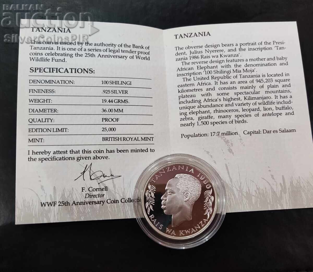 Silver 100 Shillings Elephants 1986 Tanzania Endangered Animals with price 100.00 BGN | € 51.13 Silver 100 Shillings Elephants 1986 Tanzania Endangered Animals with price 100.00 BGN | € 51.13