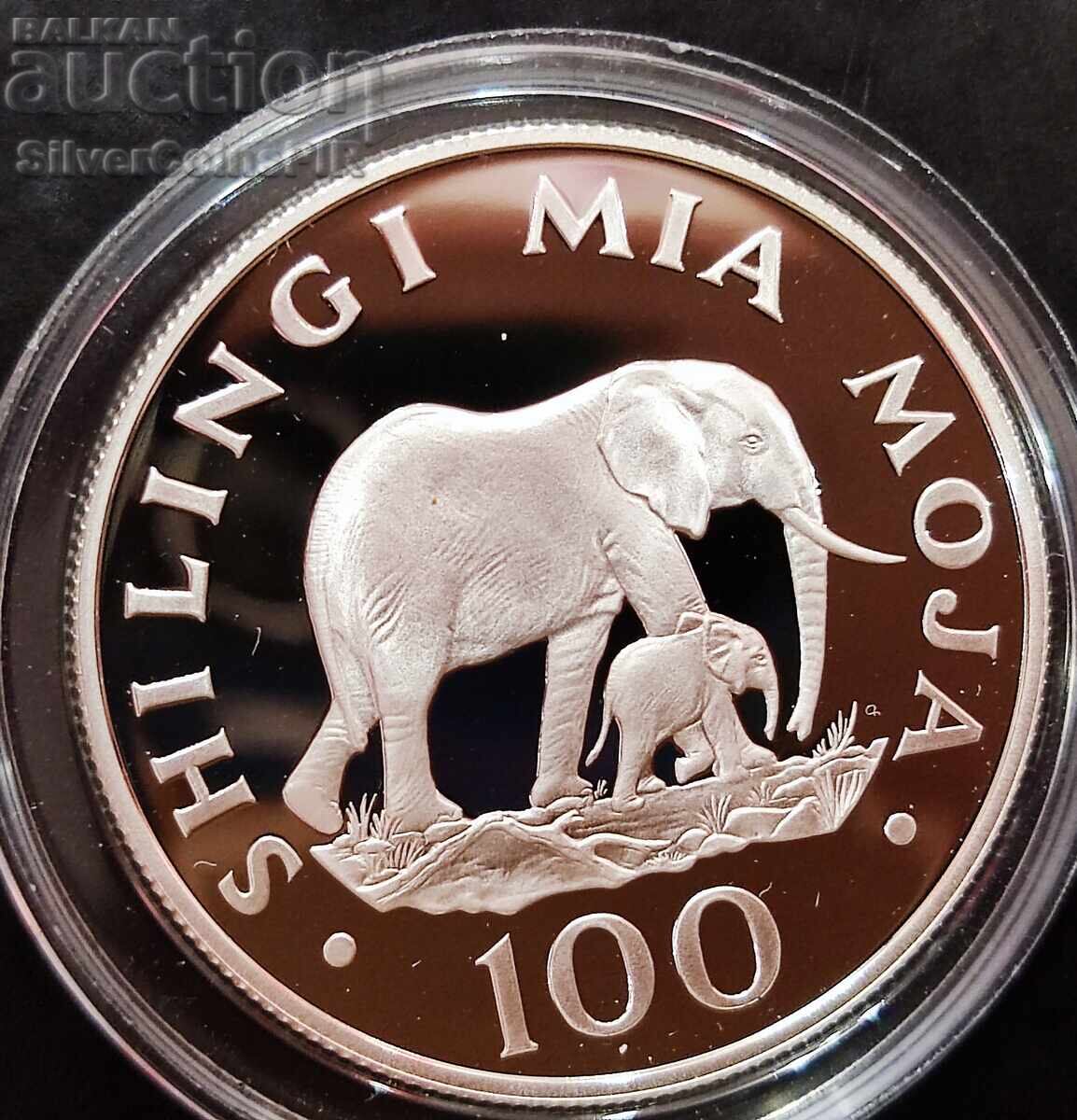Silver 100 Shillings Elephants 1986 Tanzania Endangered Animals Silver 100 Shillings Elephants 1986 Tanzania Endangered Animals