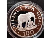 Silver 100 Shillings Elephants 1986 Tanzania Endangered Animals