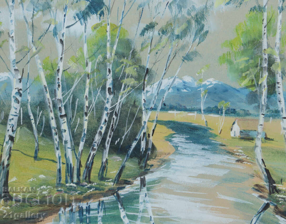 Delivery of Old painting of a spring mountain landscape